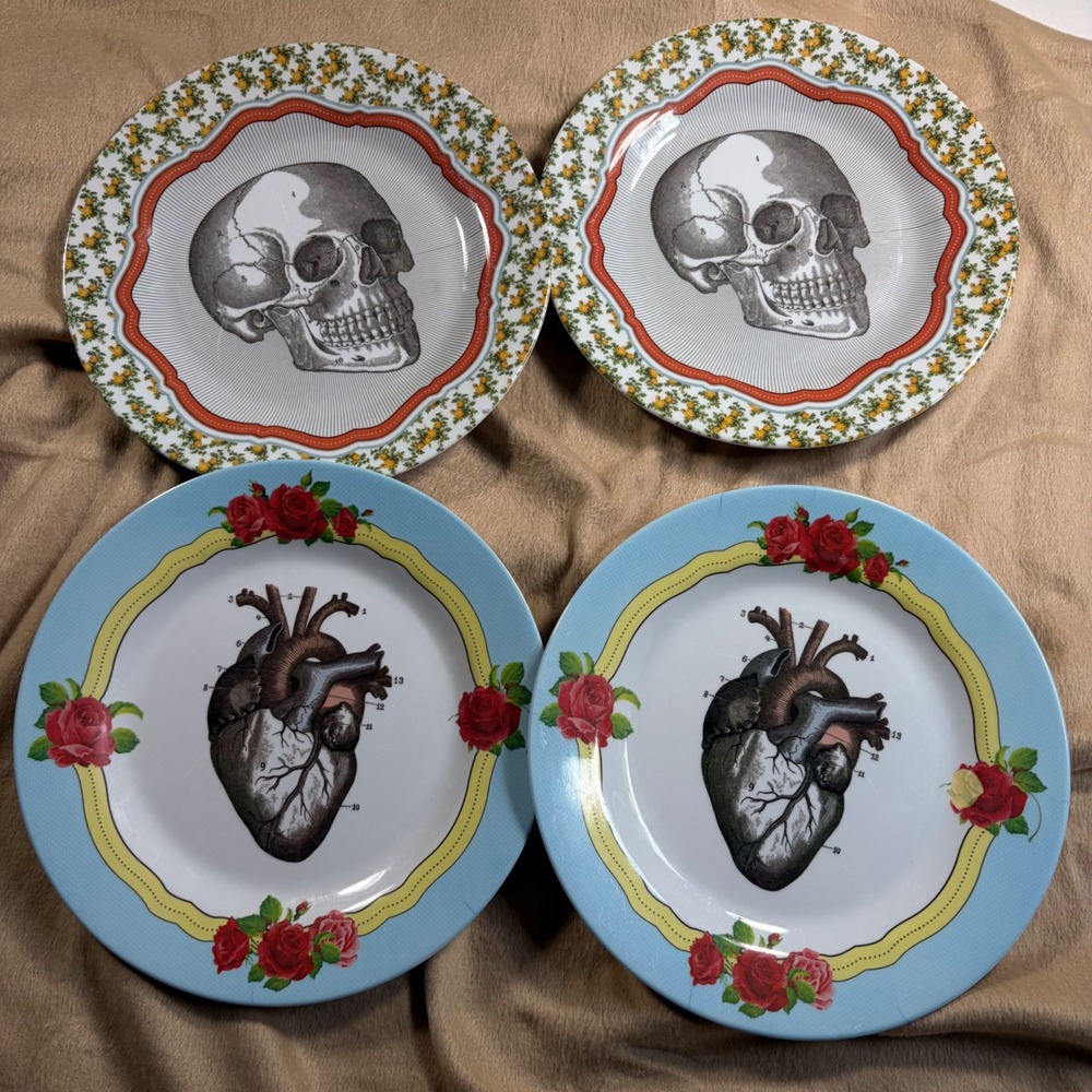 Set of 4 Anatomical Skull and Heart Melamine Dinner Plates Gothic Floral 10 Inch
